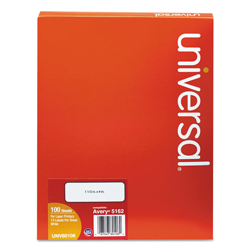 Image of Universal® White Labels, Inkjet/laser Printers, 1.33 X 4, White, 14/sheet, 100 Sheets/box