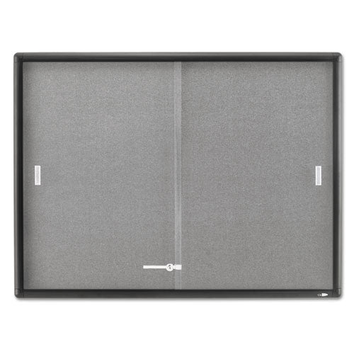 Image of Quartet® Enclosed Indoor Cork/Fabric Bulletin Board with 2 Sliding Glass Doors, 48" x 36", Gray Surface, Graphite Gray Aluminum Frame