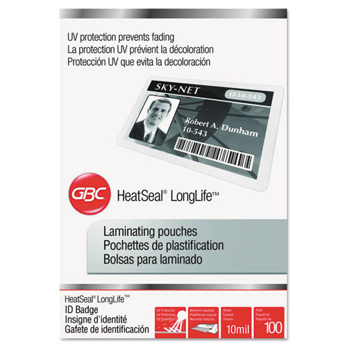 Image of GBC® Longlife Thermal Laminating Pouches, 10 Mil, 2.56" X 3.75", Gloss Clear, 100/box