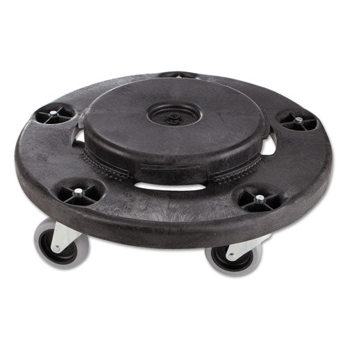 Image of Rubbermaid® Commercial Brute Round Twist On/Off Dolly, 250 lb Capacity, 18" dia x 6.63"h, Fits 20 to 55 Gallon BRUTE Containers, Black