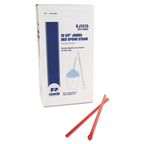 Image of AmerCareRoyal® Jumbo Spoon Straw, 10.25", Plastic, Red, 300/pack, 18 Packs/carton