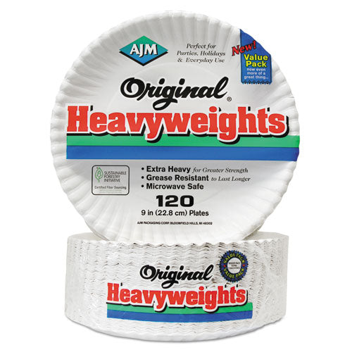 Image of AJM Packaging Corporation Original Heavyweights Paper Plates, 9" dia, White, 120/Pack, 8 Packs/Carton