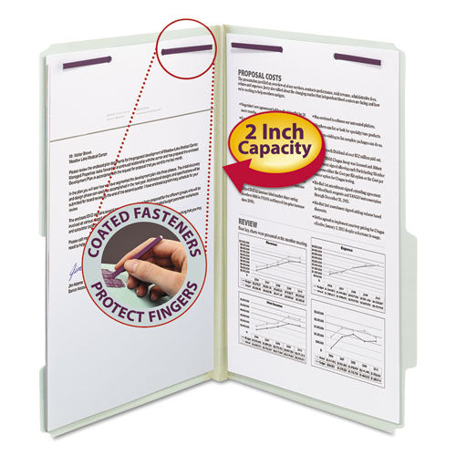 Image of Smead Recycled Pressboard Folders, Two SafeSHIELD Coated Fasteners, 2/5-Cut: R of C, 2" Expansion, Legal Size, Gray-Green, 25/Box