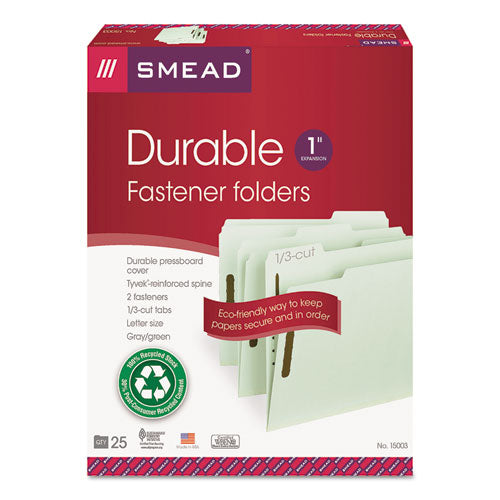 Image of Smead Recycled Pressboard Fastener Folders, 1" Expansion, 2 Fasteners, Letter Size, Gray-Green Exterior, 25/Box