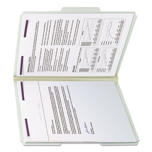 Image of Smead Recycled Pressboard Fastener Folders, 1/3-Cut Tabs, Two SafeSHIELD Fasteners, 1" Expansion, Letter Size, Gray-Green, 25/Box