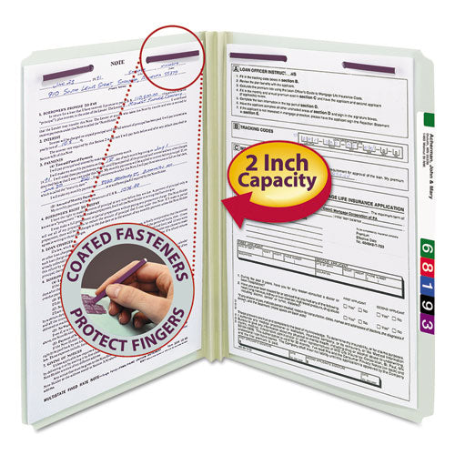 Image of Smead Recycled Pressboard Fastener Folders, Straight Tabs, Two SafeSHIELD Fasteners, 2" Expansion, Legal Size, Gray-Green, 25/Box