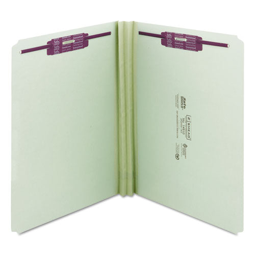 Image of Smead Recycled Pressboard Fastener Folders, Straight Tabs, Two SafeSHIELD Fasteners, 2" Expansion, Letter Size, Gray-Green, 25/Box