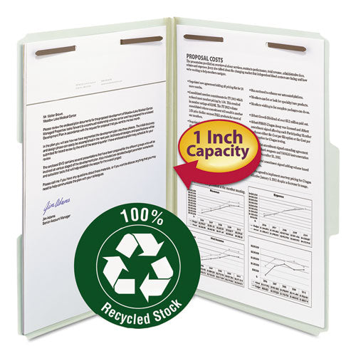 Image of Smead Recycled Pressboard Fastener Folders, 1" Expansion, 2 Fasteners, Legal Size, Gray-Green Exterior, 25/Box