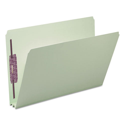 Image of Smead Recycled Pressboard Fastener Folders, Straight Tabs, Two SafeSHIELD Fasteners, 2" Expansion, Legal Size, Gray-Green, 25/Box