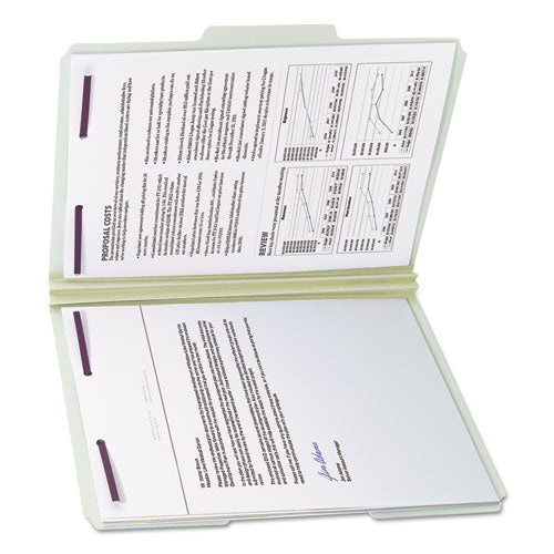 Image of Smead Recycled Pressboard Fastener Folders, 1/3-Cut Tabs, Two SafeSHIELD Fasteners, 2" Expansion, Letter Size, Gray-Green, 25/Box
