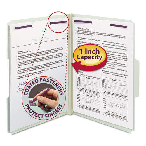 Image of Smead Recycled Pressboard Fastener Folders, 1/3-Cut Tabs, Two SafeSHIELD Fasteners, 1" Expansion, Letter Size, Gray-Green, 25/Box
