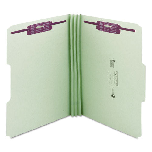 Image of Smead Recycled Pressboard Fastener Folders, 1/3-Cut Tabs, Two SafeSHIELD Fasteners, 3" Expansion, Letter Size, Gray-Green, 25/Box