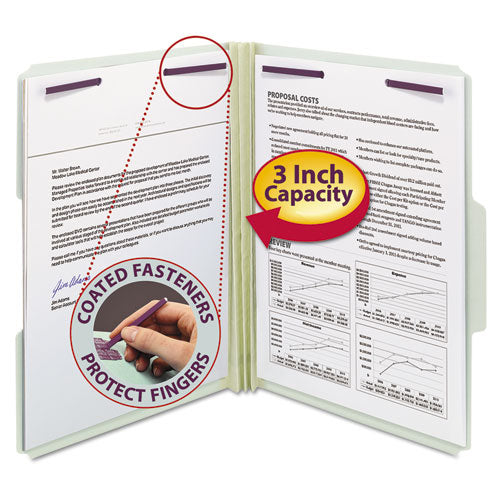 Image of Smead Recycled Pressboard Fastener Folders, 1/3-Cut Tabs, Two SafeSHIELD Fasteners, 3" Expansion, Letter Size, Gray-Green, 25/Box