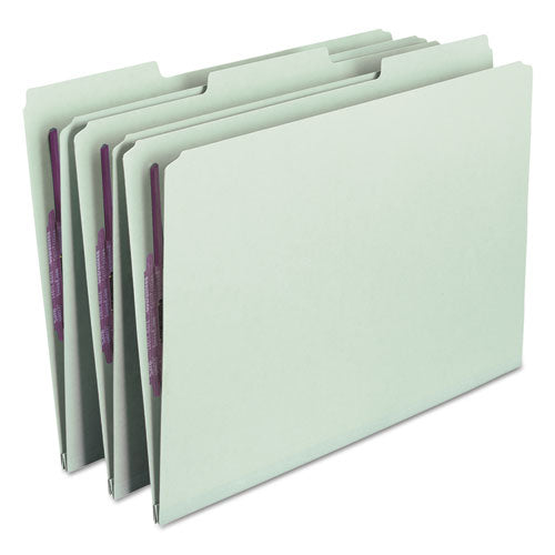 Image of Smead Recycled Pressboard Fastener Folders, 1/3-Cut Tabs, Two SafeSHIELD Fasteners, 1" Expansion, Legal Size, Gray-Green, 25/Box