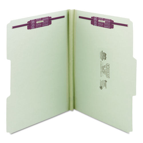 Image of Smead Recycled Pressboard Fastener Folders, 1/3-Cut Tabs, Two SafeSHIELD Fasteners, 1" Expansion, Letter Size, Gray-Green, 25/Box