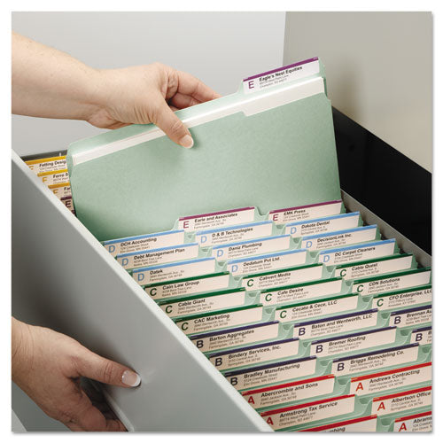 Image of Smead Recycled Pressboard Fastener Folders, 1/3-Cut Tabs, Two SafeSHIELD Fasteners, 1" Expansion, Letter Size, Gray-Green, 25/Box
