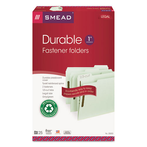 Image of Smead Recycled Pressboard Fastener Folders, 1" Expansion, 2 Fasteners, Legal Size, Gray-Green Exterior, 25/Box