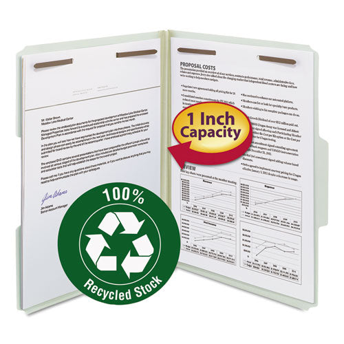 Image of Smead Recycled Pressboard Fastener Folders, 1" Expansion, 2 Fasteners, Letter Size, Gray-Green Exterior, 25/Box