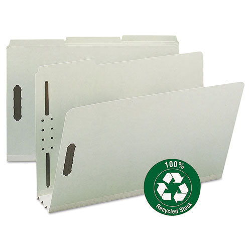 Image of Smead Recycled Pressboard Fastener Folders, 3" Expansion, 2 Fasteners, Legal Size, Gray-Green Exterior, 25/Box