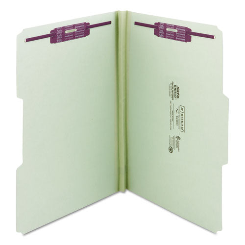Image of Smead Recycled Pressboard Fastener Folders, 1/3-Cut Tabs, Two SafeSHIELD Fasteners, 1" Expansion, Legal Size, Gray-Green, 25/Box