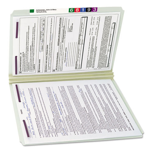 Image of Smead Recycled Pressboard Fastener Folders, Straight Tabs, Two SafeSHIELD Fasteners, 2" Expansion, Legal Size, Gray-Green, 25/Box