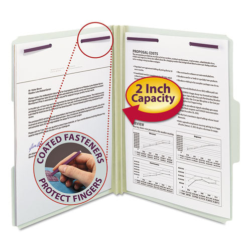 Image of Smead Recycled Pressboard Fastener Folders, 1/3-Cut Tabs, Two SafeSHIELD Fasteners, 2" Expansion, Letter Size, Gray-Green, 25/Box
