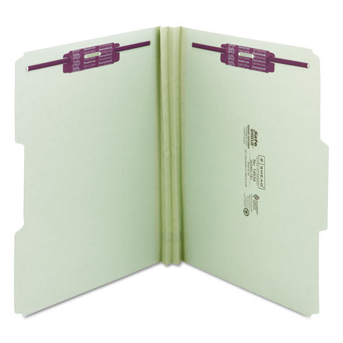 Image of Smead Recycled Pressboard Fastener Folders, 1/3-Cut Tabs, Two SafeSHIELD Fasteners, 2" Expansion, Letter Size, Gray-Green, 25/Box