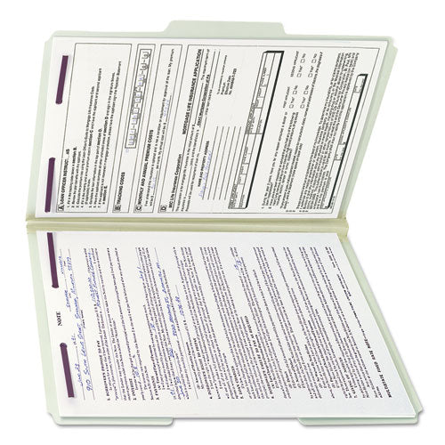 Image of Smead Recycled Pressboard Fastener Folders, 1/3-Cut Tabs, Two SafeSHIELD Fasteners, 1" Expansion, Legal Size, Gray-Green, 25/Box
