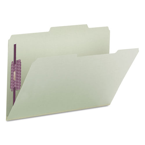 Image of Smead Recycled Pressboard Folders, Two SafeSHIELD Coated Fasteners, 2/5-Cut: R of C, 2" Expansion, Legal Size, Gray-Green, 25/Box