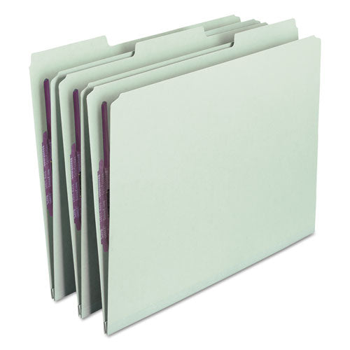 Image of Smead Recycled Pressboard Fastener Folders, 1/3-Cut Tabs, Two SafeSHIELD Fasteners, 1" Expansion, Letter Size, Gray-Green, 25/Box