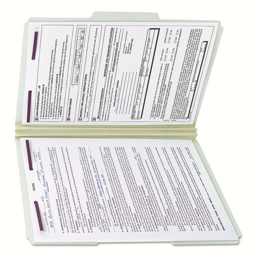 Image of Smead Recycled Pressboard Fastener Folders, 1/3-Cut Tabs, Two SafeSHIELD Fasteners, 2" Expansion, Legal Size, Gray-Green, 25/Box