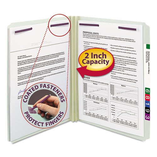 Image of Smead Recycled Pressboard Fastener Folders, Straight Tabs, Two SafeSHIELD Fasteners, 2" Expansion, Letter Size, Gray-Green, 25/Box