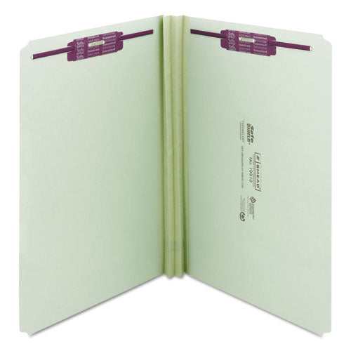 Image of Smead Recycled Pressboard Fastener Folders, Straight Tabs, Two SafeSHIELD Fasteners, 2" Expansion, Legal Size, Gray-Green, 25/Box