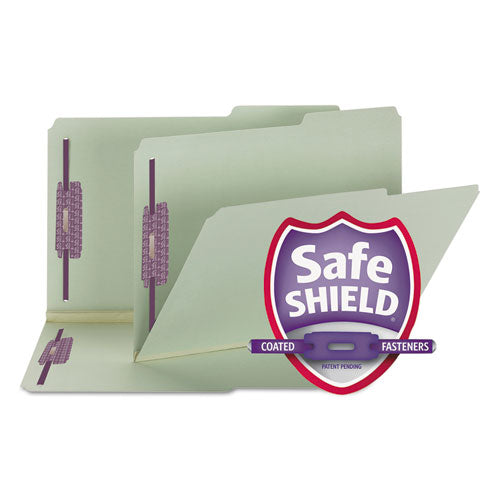 Image of Smead Recycled Pressboard Folders, Two SafeSHIELD Coated Fasteners, 2/5-Cut: Right, 2" Expansion, Legal Size, Gray-Green, 25/Box