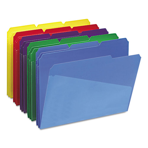Image of Smead Poly Colored File Folders With Slash Pocket, 1/3-Cut Tabs: Assorted, Letter Size, 0.75" Expansion, Assorted Colors, 30/Box