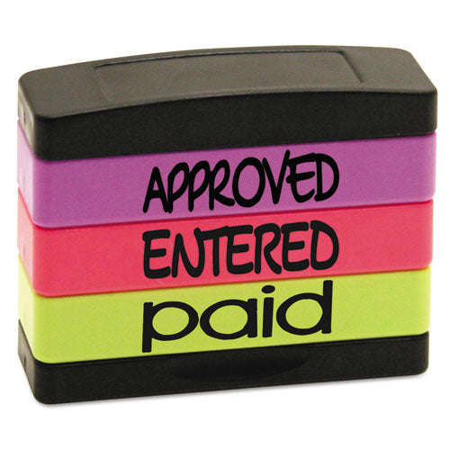 Image of Trodat® Interlocking Stack Stamp, Approved, Entered, Paid, 1.81" X 0.63", Assorted Fluorescent Ink