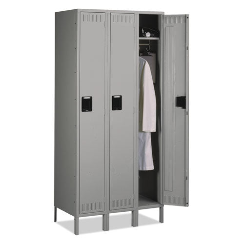 Image of Tennsco Single-Tier Locker with Legs, Three Lockers with Hat Shelves and Coat Rods, 36w x 18d x 78h, Medium Gray