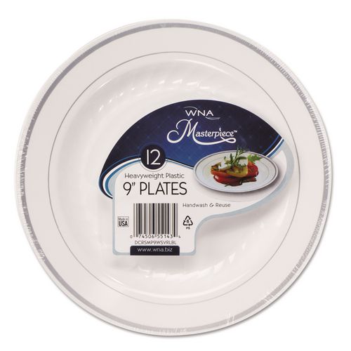 Image of WNA Masterpiece Plastic Plates, 9" Dia, White/silver, 10/pack, 12 Packs/carton