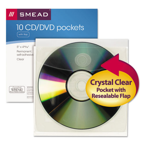 Image of Smead Self-Adhesive CD/Diskette Pockets, Clear, 10/Pack