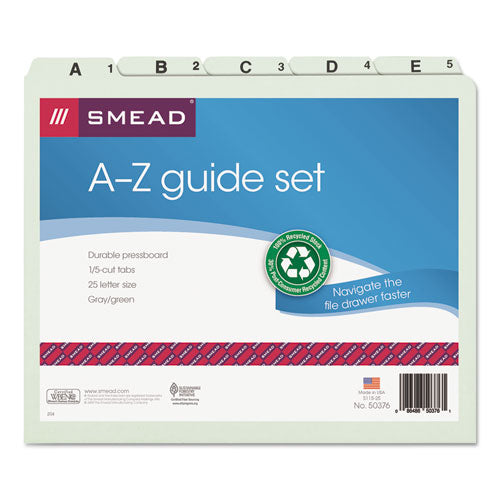 Image of Smead Alphabetic Top Tab Indexed File Guide Set, 1/5-Cut Top Tab, A To Z, 8.5 X 11, Green, 25/set