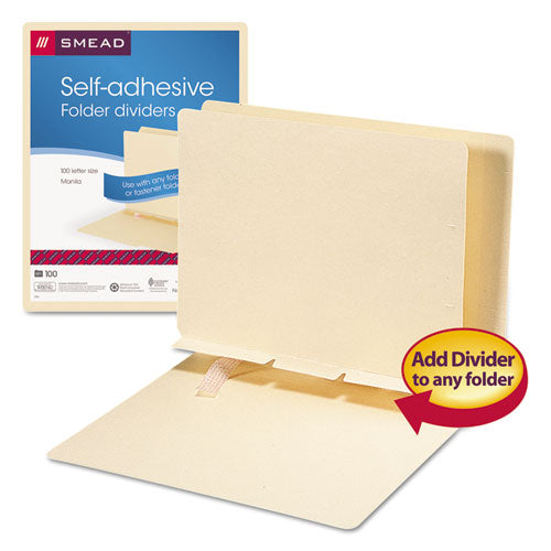 Image of Smead Self-Adhesive Folder Dividers for Top/End Tab Folders, Prepunched for Fasteners, 1 Fastener, Letter Size, Manila, 100/Box