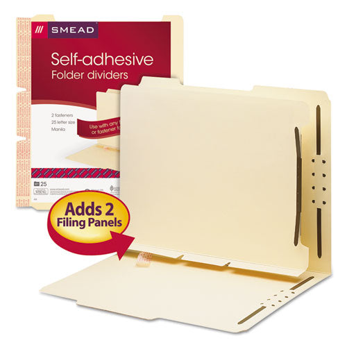 Image of Smead Self-Adhesive Folder Dividers with Twin-Prong Fasteners for Top/End Tab Folders, 1 Fastener, Letter Size, Manila, 25/Pack