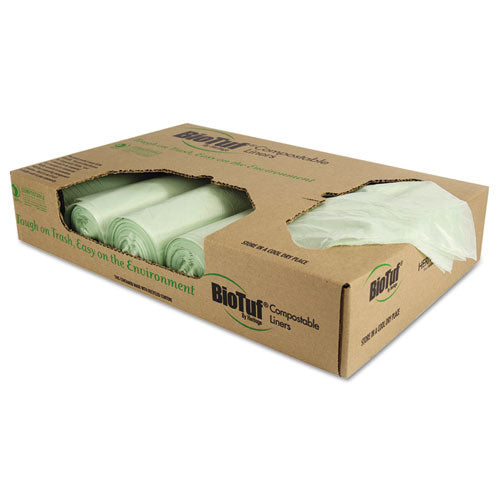 Image of Heritage Biotuf Compostable Can Liners, 32 gal, 1 mil, 34" x 48", Green, 20 Bags/Roll, 5 Rolls/Carton