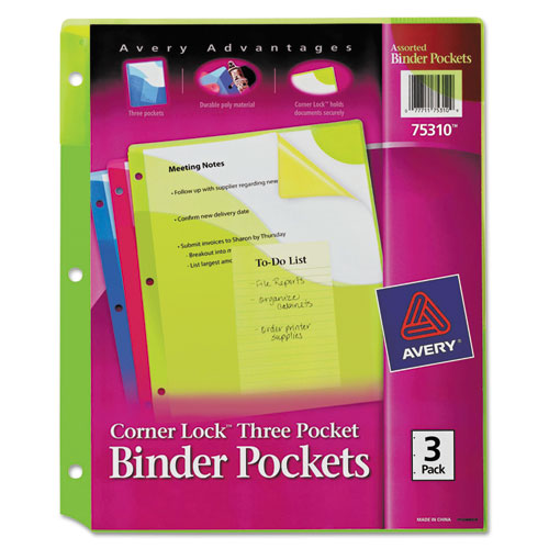 Image of Avery® Corner Lock Three-Pocket Binder Pocket, 9.25 x 11.25, Assorted Color, 3/Pack