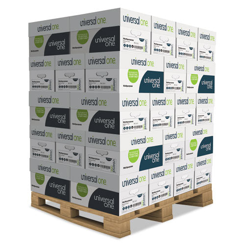 Image of Universal® Deluxe Multipurpose Paper, 98 Bright, 20lb Bond Weight, 8.5 x 11, Bright White, 500/Ream, 10 Reams/Carton, 40 Cartons/Pallet