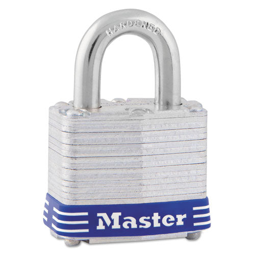 Image of Master Lock® Four-Pin Tumbler Lock, Laminated Steel Body, 1.56" Wide, Silver/Blue, 2 Keys