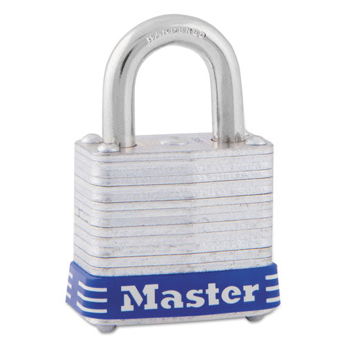 Image of Master Lock® Four-Pin Tumbler Lock, Laminated Steel Body, 1.12" Wide, Silver/Blue, 2 Keys