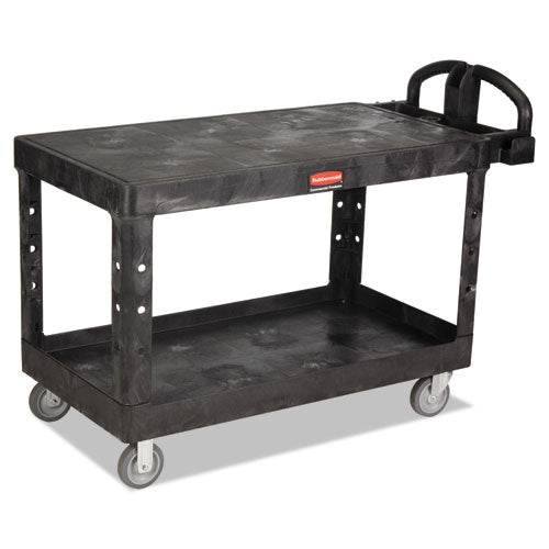 Image of Rubbermaid® Commercial Heavy-Duty Utility Cart with Flat Shelves, Plastic, 2 Shelves, 500 lb Capacity, 25.25" x 54" x 36", Black