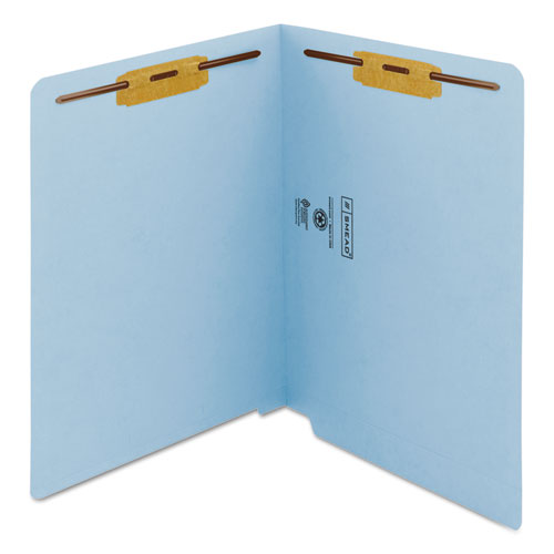 Image of Smead Heavyweight Colored End Tab Fastener Folders, 0.75" Expansion, 2 Fasteners, Letter Size, Blue Exterior, 50/Box