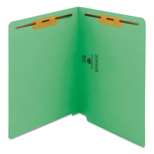 Image of Smead Heavyweight Colored End Tab Fastener Folders, 0.75" Expansion, 2 Fasteners, Letter Size, Green Exterior, 50/Box